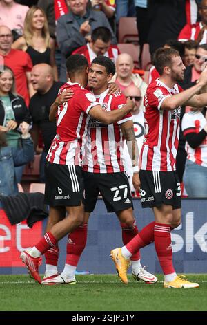 Sheffield, Angleterre, 11 septembre 2021.Morgan Gibbs-White de Sheffield Utd fête son but d'ouverture lors du match du championnat Sky Bet à Bramall Lane, Sheffield. Le crédit photo devrait se lire: Alistair Langham / Sportimage Banque D'Images