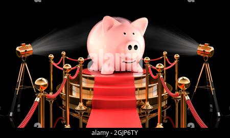 Piggy Bank sur le podium, rendu 3D isolé sur fond noir Banque D'Images