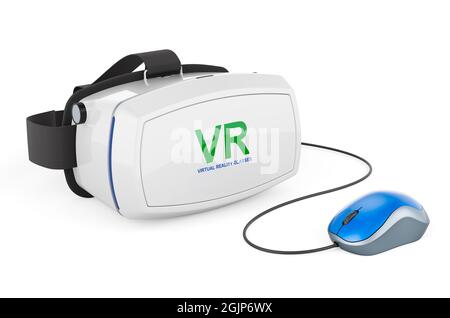 Lunettes de réalité virtuelle blanches VR avec souris d'ordinateur. Rendu 3D isolé sur fond blanc Banque D'Images