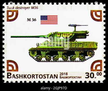 MOSCOU, RUSSIE - 17 AVRIL 2021 : timbre-poste imprimé à Cendrillon montre Tank destroyer M36, Russie : série Bashkortostan, vers 2018 Banque D'Images