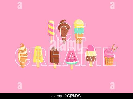 Crèmes glacées Word pleines de sundaes sur fond. Illustration de Vecteur