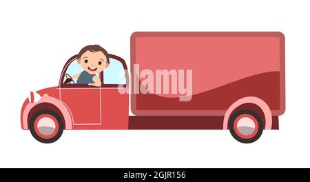 Voiture pour enfants. Les enfants s'y promont dans une voiture cargo rouge moderne. Véhicule jouet. Avec un moteur. Mignon camion auto. Isolé sur fond blanc. Vecteur Illustration de Vecteur