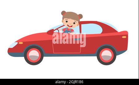 Voiture pour enfants. Une petite fille roule sur une voiture de vitesse moderne rouge. Véhicule jouet. Avec un moteur. Mignon auto passager. Isolé sur fond blanc. Vecteur Illustration de Vecteur