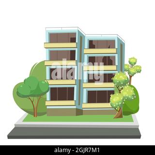 Bâtiment bleu de la ville. Parmi les arbres. Route asphaltée. Dessin animé, style plat. Bâtiment résidentiel avec fenêtres et balcons. Isolé sur blanc Illustration de Vecteur