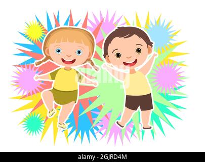 Enfant avec salut. Petit garçon et fille. Feux d'artifice à la fête d'anniversaire. Enfant sautant pour la joie à la fête. Charmant actif mignon personnage enfant. Anniversaire Illustration de Vecteur