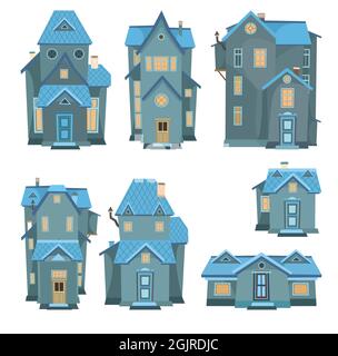 Ensemble de maisons de dessins animés la nuit. Une belle et confortable maison de campagne dans un style européen traditionnel. Collection de jolies maisons drôles. Obscurité. Isolé sur Illustration de Vecteur