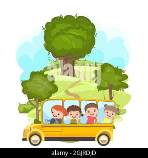 Les enfants s'aventurent dans un petit bus jaune. Un enfant conduit une voiture à pédales ou électrique. Illustration de dessin animé. Paysage rural d'été. Vecteur isolé Illustration de Vecteur