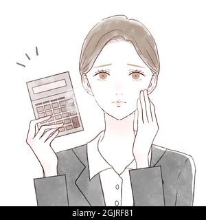 Employée en difficulté avec calculatrice. Sur fond blanc. Design simple et mignon. Banque D'Images