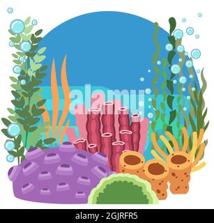 Fond du réservoir. Océan de mer. Sous l'eau. Paysage avec plantes, algues et coraux. Bulles. Isolé. Illustration de style dessin animé. Récif de corail Illustration de Vecteur