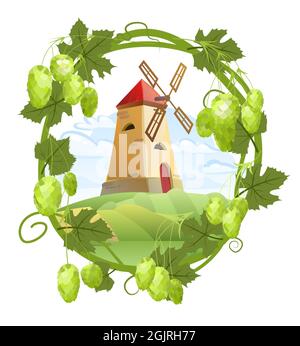 Ferme rurale paysage rond avec un moulin. Cadre avec une branche de houblon avec des feuilles denses et des cônes. Pousses en affaissement avec des feuilles. Illustration de style plat Illustration de Vecteur