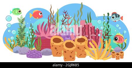 Fond du réservoir. Océan de mer. Récif de corail. Sous l'eau. Paysage avec plantes, algues et coraux. Bulles. Isolé. Illustration de style dessin animé Illustration de Vecteur