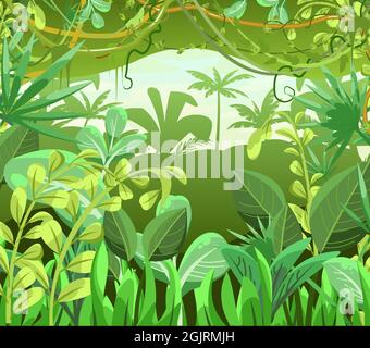 Arrière-plan épais et infranchissable Jungle. Plantes de la forêt tropicale. Magnifique paysage vert avec arbres exotiques et palmiers. Vecteur. Illustration de Vecteur