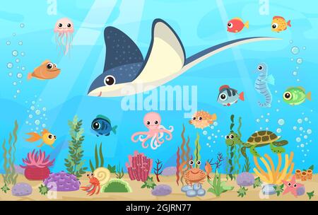 Stingray. Fond du réservoir avec poisson. Eau bleue. Océan de mer. Paysage sous-marin avec animaux. Plantes, algues et coraux. Style de dessin animé Illustration de Vecteur