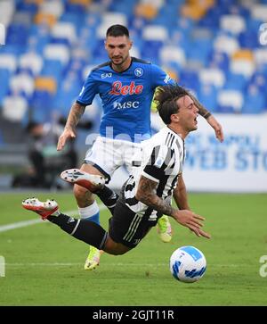 Naples, Italie. 11 septembre 2021. Luca Pellegrini (avant) de Juventus participe à un match de football de série A entre Naples et le FC Juventus à Naples, Italie, le 11 septembre 2021. Crédit: Alberto Lingria/Xinhua/Alay Live News Banque D'Images