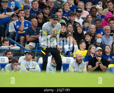 Londres, Grande-Bretagne. 11 septembre 2021. Thomas Tuchel, directeur de Chelsea, réagit lors du match de la Premier League entre Chelsea et Aston Villa à Londres, en Grande-Bretagne, le 11 septembre 2021. Credit: Han Yan/Xinhua/Alay Live News Banque D'Images