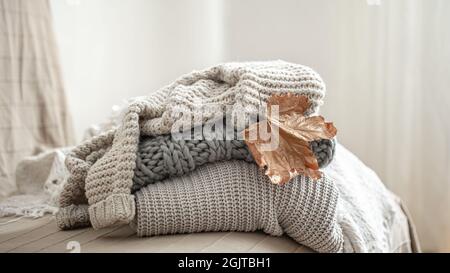 Composition automnale avec des sweaters en maille confortables dans des tons pastel et une feuille sèche. Banque D'Images