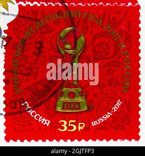 MOSCOU, RUSSIE - 10 JUIN 2021 : le timbre-poste imprimé en Russie montre la coupe de la Confédération de la FIFA, 2017, Russie, série, vers 2017 Banque D'Images