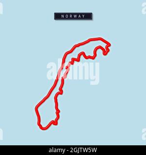 Carte des contours gras de la Norvège. Bordure rouge brillante avec ombre molle. Plaque d'identification du pays. Illustration. Banque D'Images
