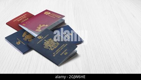 Vue de dessus, passeports internationaux, citoyenneté par investissement, nationalité, Malte,Citoyens de Kitts-et-Nevis, du Portugal, de la Dominique et de Sainte-Lucie Banque D'Images