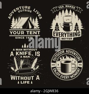 Ensemble de citations de voyage inspirantes. Concept vectoriel pour chemise ou logo, imprimé, timbre ou tee-shirt. Design vintage avec bouilloire de camping rétro et couteau de poche Illustration de Vecteur