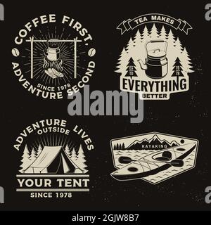 Ensemble de citations de voyage inspirantes. Concept vectoriel pour chemise ou logo, imprimé, timbre ou tee-shirt. Design vintage avec bouilloire de camping rétro, kayak Illustration de Vecteur