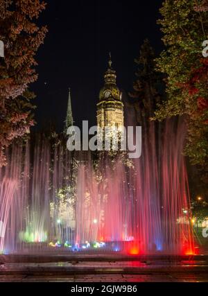 La fontaine de chant avec la cathédrale Saint-Elizabeth en arrière-plan la nuit. Kosice. Slovaquie. Banque D'Images