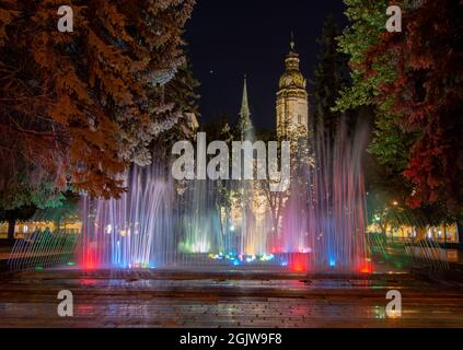 La fontaine de chant avec la cathédrale Saint-Elizabeth en arrière-plan la nuit. Kosice. Slovaquie. Banque D'Images