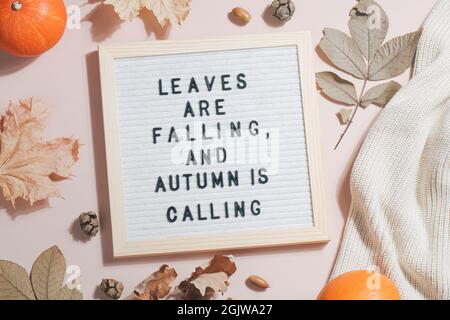 Le tableau de lettres et les feuilles de texte en feutre tombent et l'automne appelle avec des feuilles, des citrouilles et un chandail sur fond beige.concept d'automne. flat Lay Banque D'Images