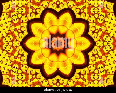 Fond de kaléidoscope de fleur de soleil. Magnifique motif de tournesol jaune sans couture. Texture mosaïque kaléidoscope unique. Thème des fleurs de l'été Banque D'Images