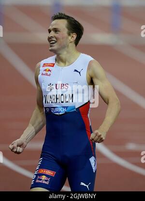 Zurich, 09 septembre 2021 Karsten Warholm (NOR), vainqueur du 400m haies, vu en action pendant la Wanda Diamond League au Litzigrund Stadium Zurich Suissan Banque D'Images