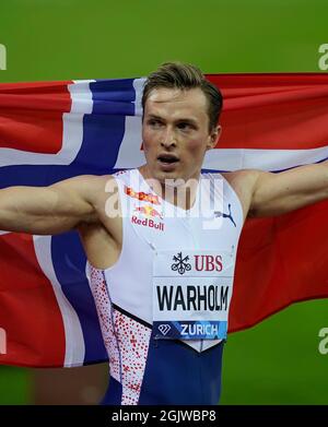 Zurich, 09 septembre 2021 Karsten Warholm (NOR), vainqueur du 400m haies, vu en action pendant la Wanda Diamond League au Litzigrund Stadium Zurich Suissan Banque D'Images