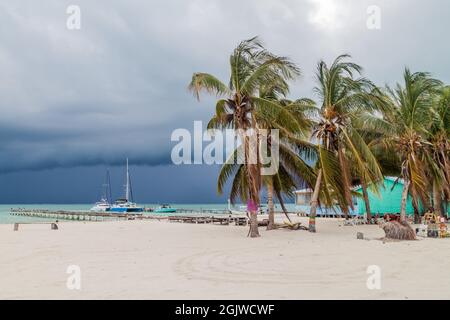 Palmiers et plage dans le village de Caye Caulker, Belize. La tempête arrive. Banque D'Images