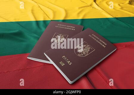 Passeport lituanien sur son drapeau, photo de dessus, le passeport est la citoyenneté des citoyens , le passeport lituanien, ainsi que la carte d'identité nationale Banque D'Images