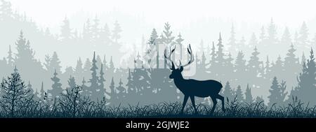 Bannière horizontale de forêt et de prairie, silhouettes d'arbres et d'herbe. Paysage magique et brumeux, brouillard. Illustration bleue et grise. Signet. Illustration de Vecteur