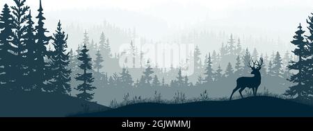 Bannière horizontale de forêt et de prairie, silhouettes d'arbres et d'herbe. Paysage magique et brumeux, brouillard. Illustration bleue et grise. Signet. Illustration de Vecteur