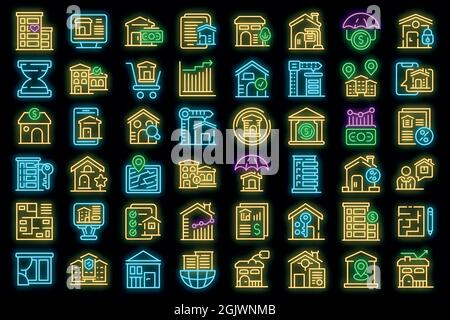 Icônes d'investissement immobilier définies. Ensemble de contours de l'investissement immobilier vecteur icônes couleur néon sur noir Illustration de Vecteur