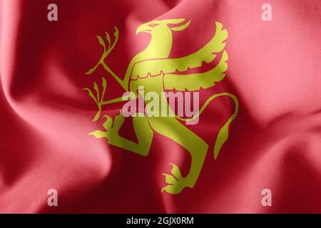 Drapeau d'illustration 3D de Troms est une région de Norvège. Tissage sur le fond textile du drapeau du vent Banque D'Images