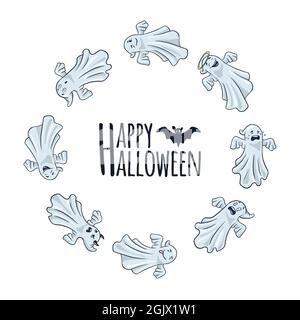 Joyeux Halloween cadre rond avec de jolis fantômes.Style dessin animé.Design des fêtes d'automne pour bannières, affiches, invitations.Modèle de carte de livres amusants en forme de cercle.Vecteur Premium Illustration de Vecteur