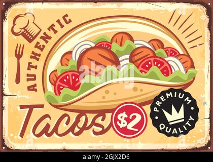 Authentique panneau de tacos mexicains rétro en étain Illustration de Vecteur