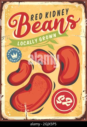 Motif de panneau étain vintage de haricots rouges cultivés localement. Publicité agricole et agricole rétro. Ancienne affiche pour les produits alimentaires biologiques. Vecteur de grains Illustration de Vecteur