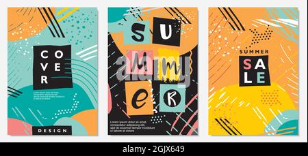 Idée de bannière ou d'affiche pour les ventes saisonnières d'été. Couvertures d'arrière-plan créatives abstraites et modèles de cartes d'invitation ou d'anniversaire. Couvertures de style funky Illustration de Vecteur