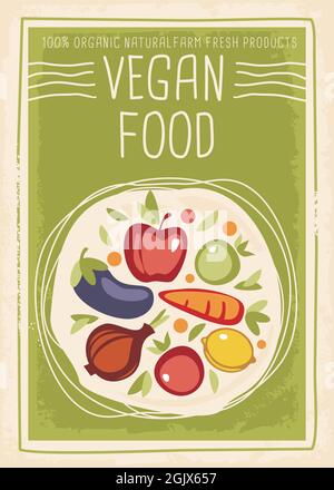 Concept de bannière alimentaire vegan avec divers fruits et légumes sur fond vert. Idée d'affiche sur les produits biologiques. Illustration de Vecteur