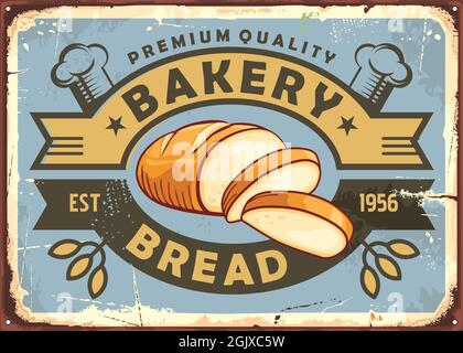 Panneau de boulangerie à l'ancienne avec pain et rubans décoratifs. Enseigne de boulangerie vintage. Affiche rétro avec produits de boulangerie et pâtisseries. Illustration de Vecteur