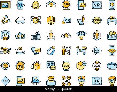 Jeu d'icônes de réalité augmentée. Ensemble de contours d'icônes vectorielles de réalité augmentée ligne fine couleur plate isolée sur blanc Illustration de Vecteur
