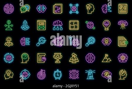 Jeu d'icônes de brainstorming. Ensemble de contours d'icônes vectorielles de brainstorming couleur néon sur noir Illustration de Vecteur