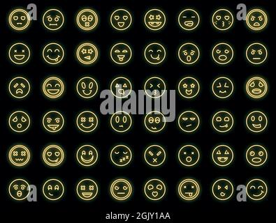 Ensemble d'icônes visages souriants. Ensemble de contours de visages souriants les icônes vectorielles sont de couleur néon sur le noir Illustration de Vecteur