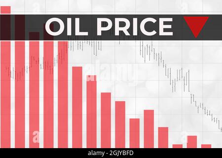 Évolution des prix sur les contrats à terme du pétrole brut dans le monde sur fond de finances blanches à partir de colonnes, graphiques, graphiques, piliers, bougie, flèche. Tendance vers le bas. Illustration 3D Banque D'Images