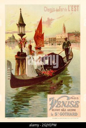 Affiche vintage les trains publicitaires de Paris à Venise par Hugo d'Alési 1895. Banque D'Images