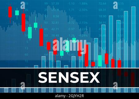 Moscou, Russie – 12 septembre 2021: Indice boursier mondial ESB Sensex (ticker BSESN) sur fond financier bleu à partir de graphiques, piliers. Tendance vers le haut Banque D'Images