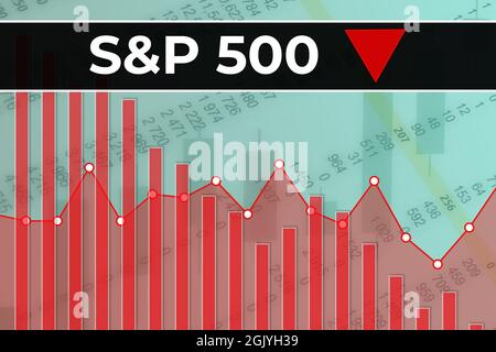 Moscou, Russie – 12 septembre 2021 : indice des marchés financiers américains S et P 500 (ticker SPX) sur fond de finance bleu à partir de chiffres, de graphiques, de colonnes Banque D'Images